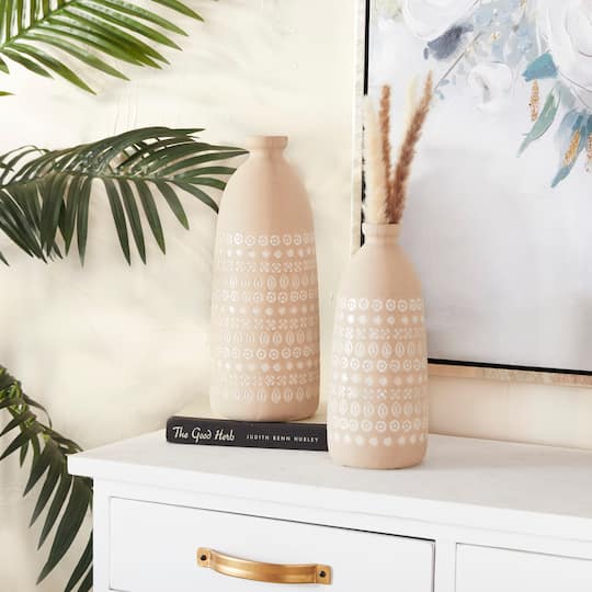 Set of 2 Beige Stoneware Rustic Vases, 15" x 5" x 5"